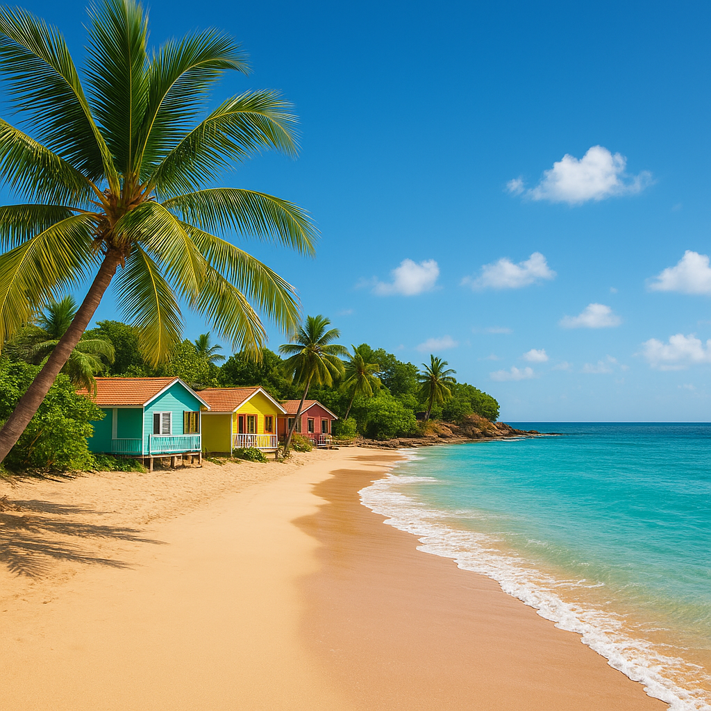 Tropical beach with colorful huts, palm trees, and clear blue ocean on a sunny day, ideal for cheap beach holidays