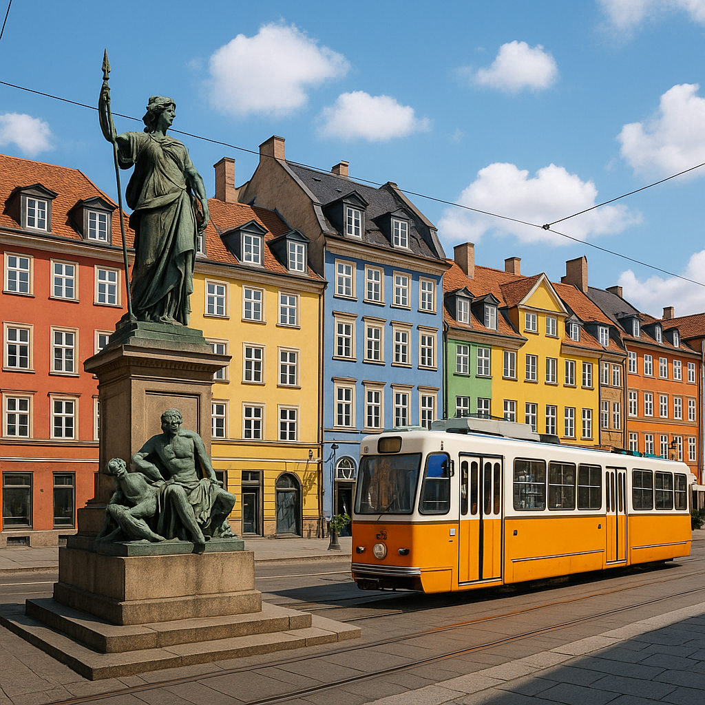 Colorful historic buildings and a yellow tram at Nyhavn in Copenhagen, a top cheap city break destination.