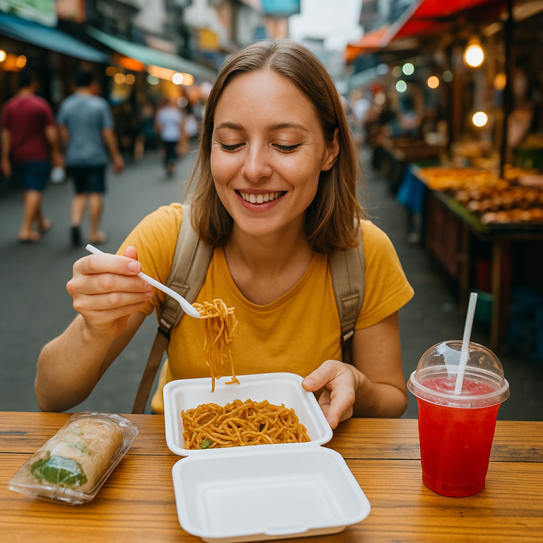 Young woman enjoying affordable street food noodles at a vibrant outdoor market, illustrating cheap food travel tips.