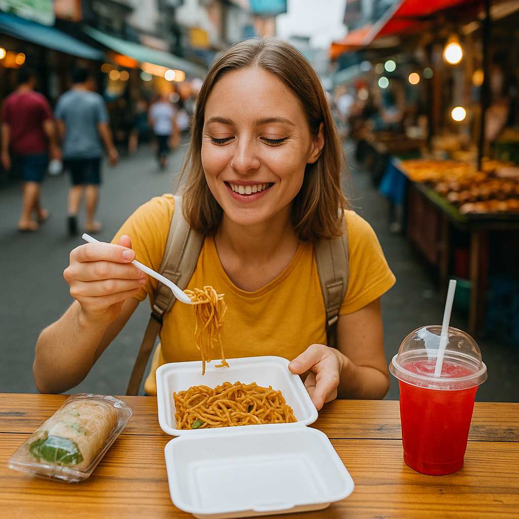 Young woman enjoying affordable street food noodles at a vibrant outdoor market, illustrating cheap food travel tips.