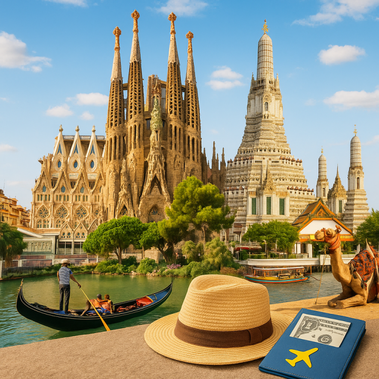 Collage of Barcelona's Sagrada Familia, a gondola ride in Venice, and an iconic Asian temple representing cheap travel popula