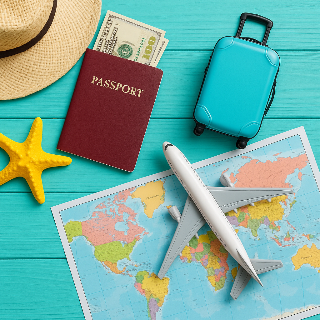 Travel essentials including a passport, money, suitcase, hat, starfish, and toy airplane on a world map.