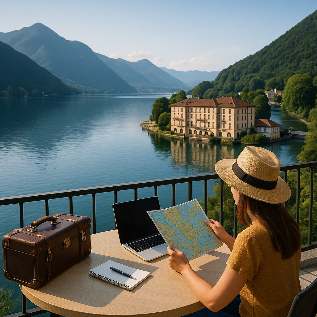 Woman planning travel by a laptop and map, seated lakeside with mountains and historic riverside buildings in the background.