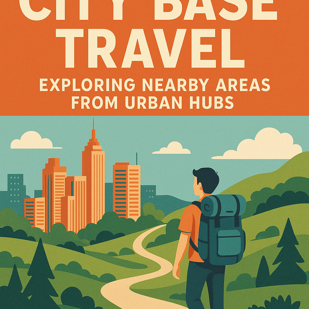 Illustration of a traveler enjoying nature near a city skyline symbolizing city base travel and exploring nearby areas.