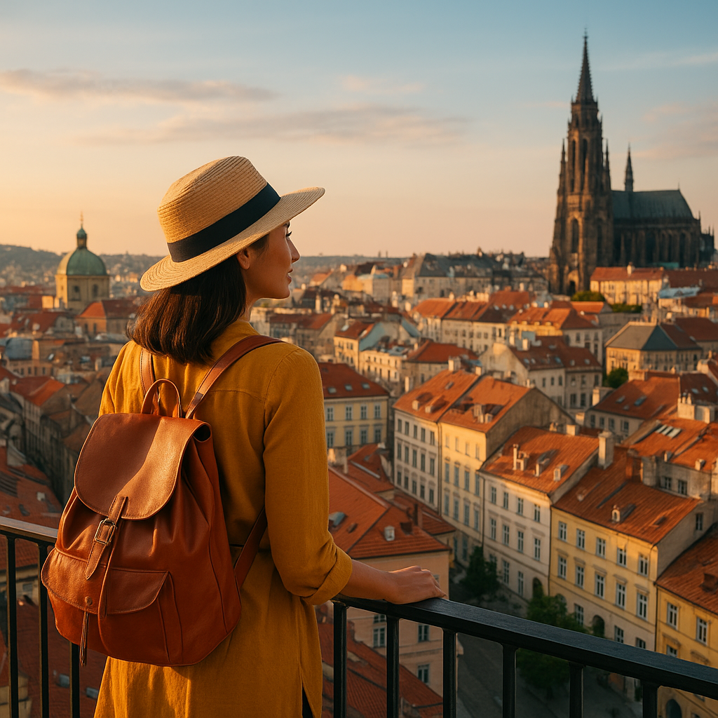 Woman with backpack overlooks a historic European city at sunset, highlighting cultural city travel and city breaks worldwide