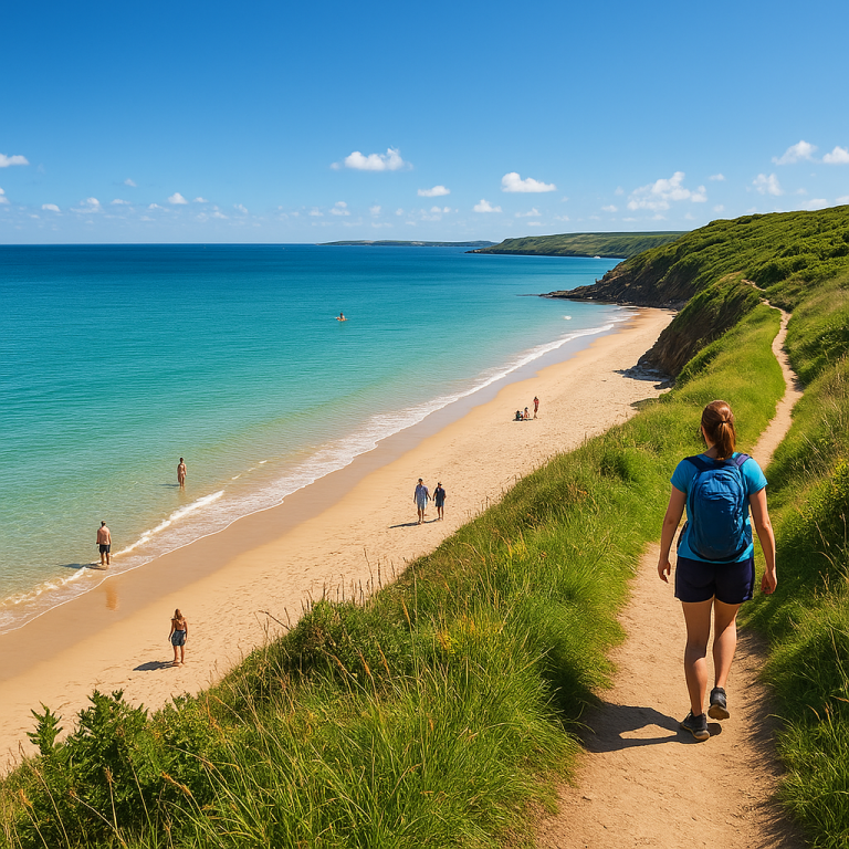 Scenic seaside hiking trail overlooking sandy beach and turquoise ocean, ideal for coastal walking holidays and water sports