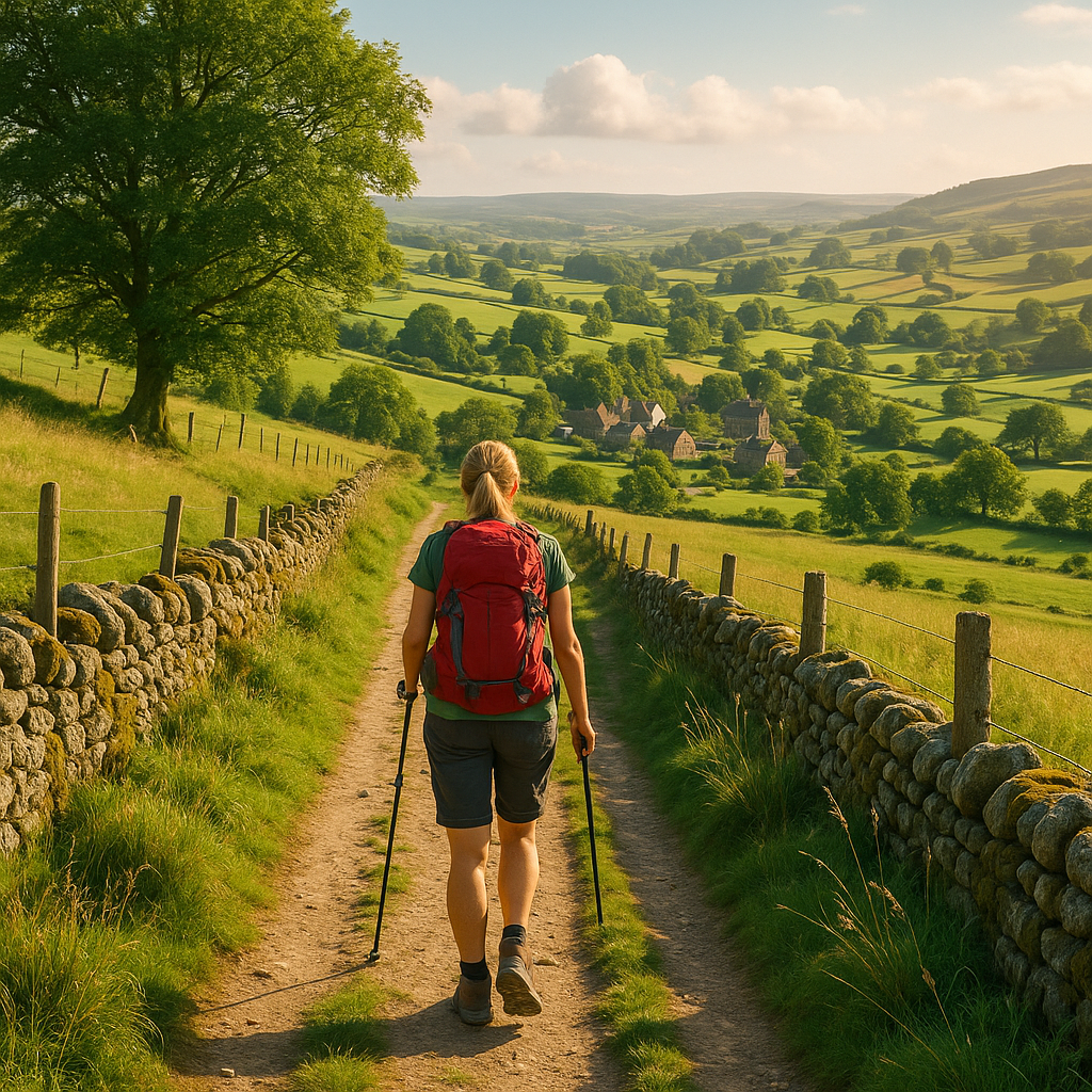 Hiker with red backpack walking along a scenic countryside trail bordered by green fields and stone walls.