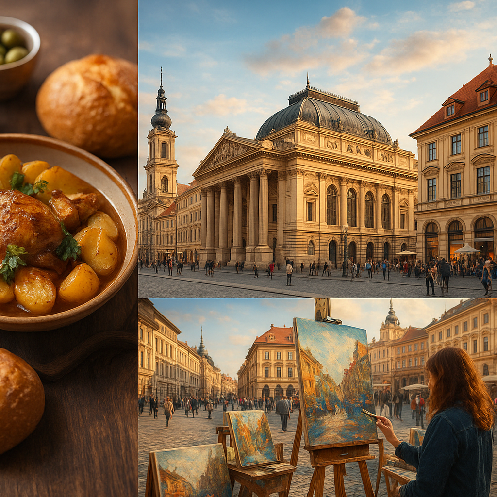 Historic European city with classical buildings, street artist painting, and traditional roasted chicken meal