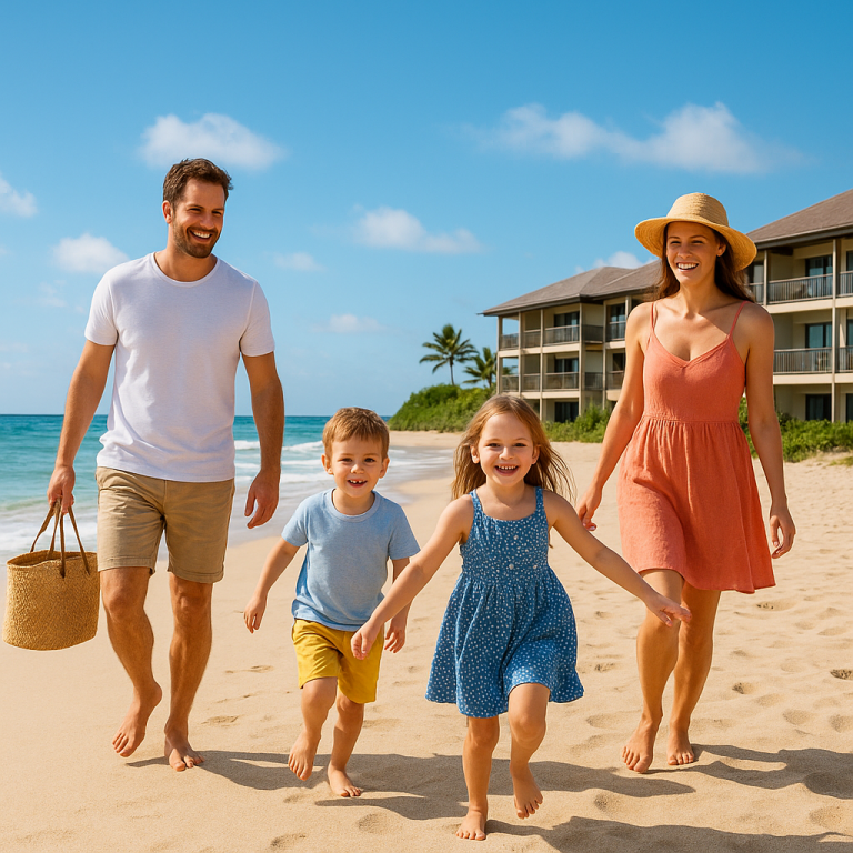 Happy family playing on a sunny beach, representing family beach holidays and child friendly beaches with coastal family acco