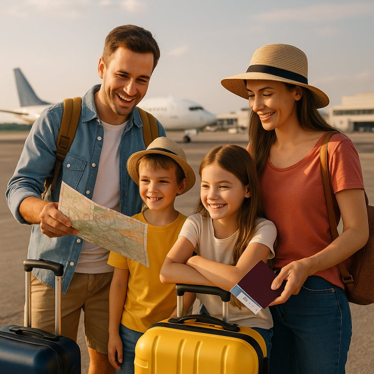 Happy family of four at airport with luggage and map, excited for budget-friendly travel adventure.