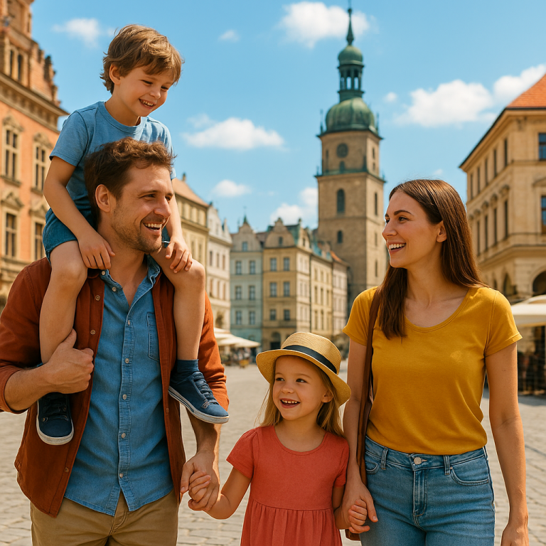 Happy family sightseeing in a sunny historic European city on a family city break, exploring culture with kids