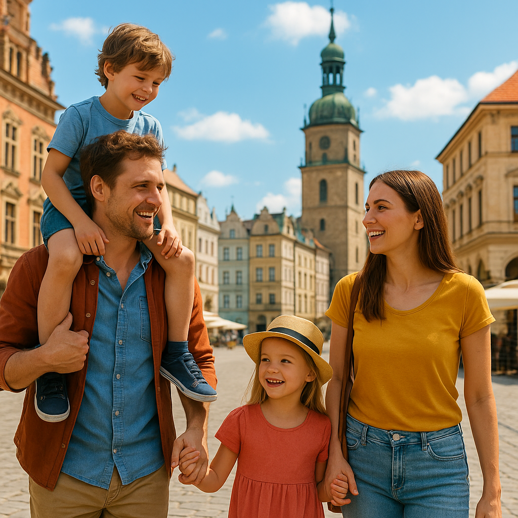 Happy family sightseeing in a sunny historic European city on a family city break, exploring culture with kids