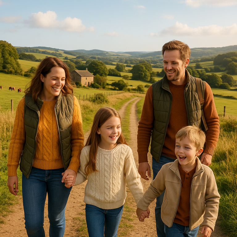 Happy family walking on a sunny countryside path surrounded by greenery, enjoying a rural holiday together.