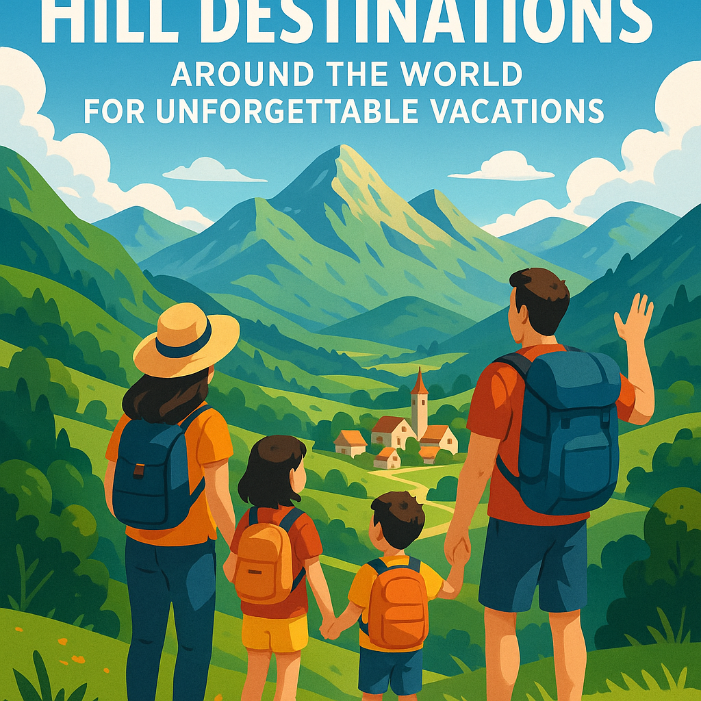 Family hiking on a scenic mountain trail, representing family-friendly hill destinations for unforgettable vacations