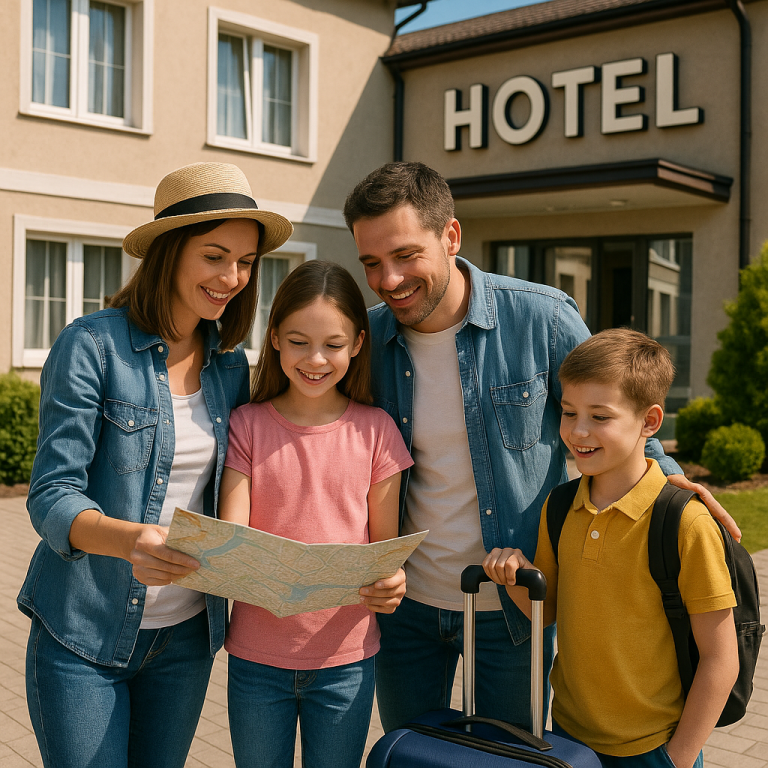 Happy family of four with luggage looking at a map outside a hotel, planning their stay near attractions.