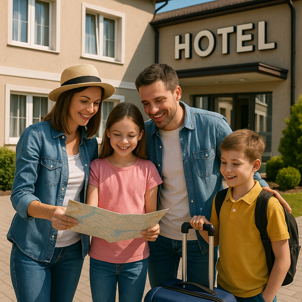 Happy family of four with luggage looking at a map outside a hotel, planning their stay near attractions.