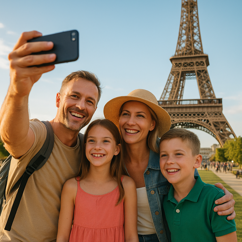 Happy family taking a selfie in front of the Eiffel Tower, capturing joyful moments of family travel benefits.
