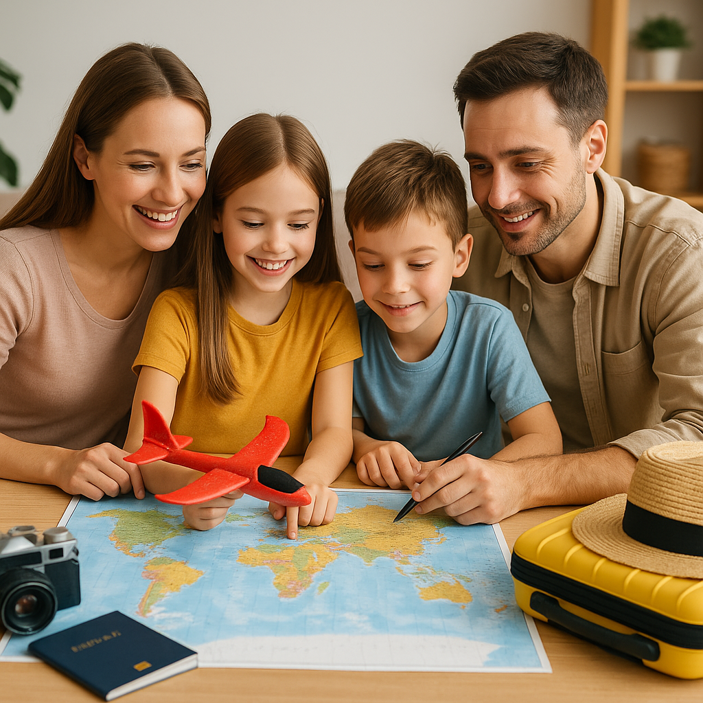 Happy family planning vacation with a world map, toy airplane, and travel essentials for family travel planning.