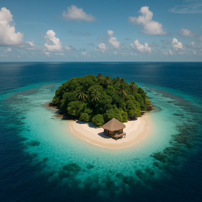 Aerial view of a hidden tropical island with lush greenery, white sandy beach, a small hut, and clear blue ocean waters.