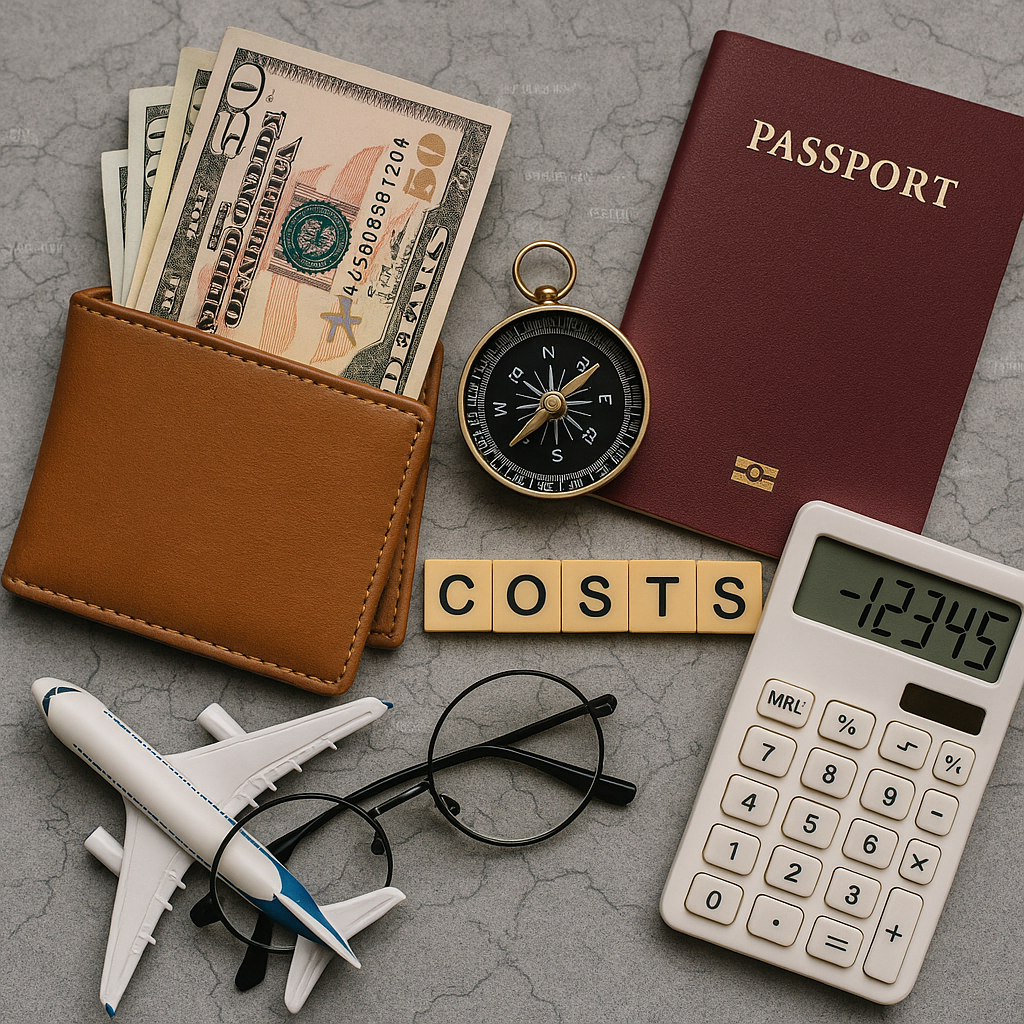 Travel expenses concept with money, passport, compass, calculator, glasses, and toy airplane on gray surface.
