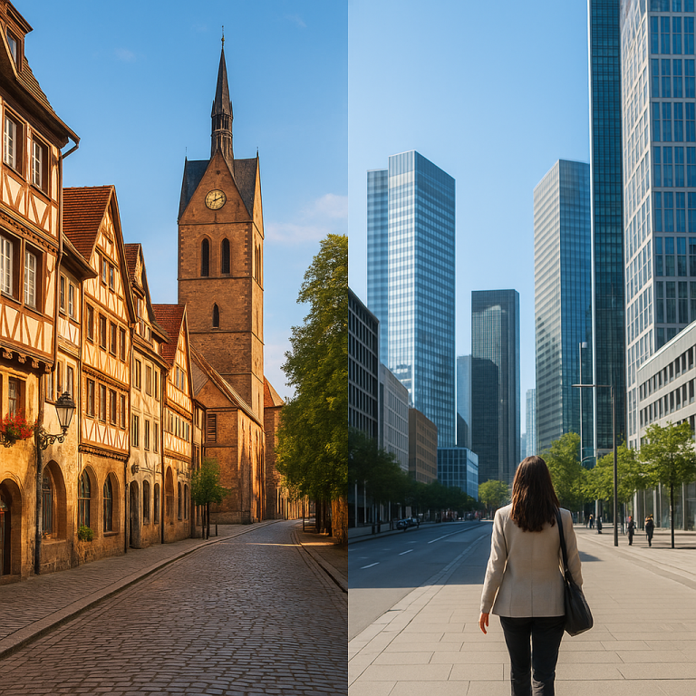 Split cityscape showing historic European old town buildings contrasted with modern skyscrapers for city centre stays