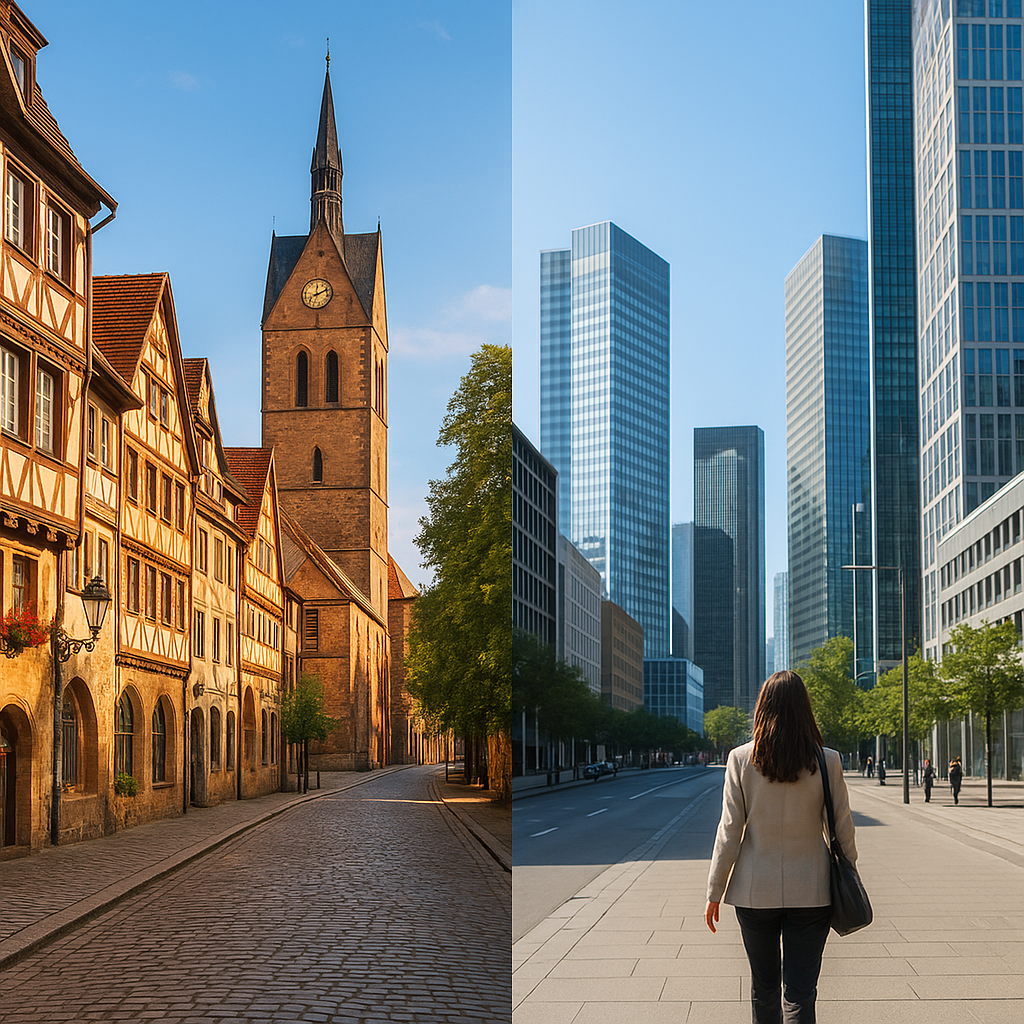 Split cityscape showing historic European old town buildings contrasted with modern skyscrapers for city centre stays