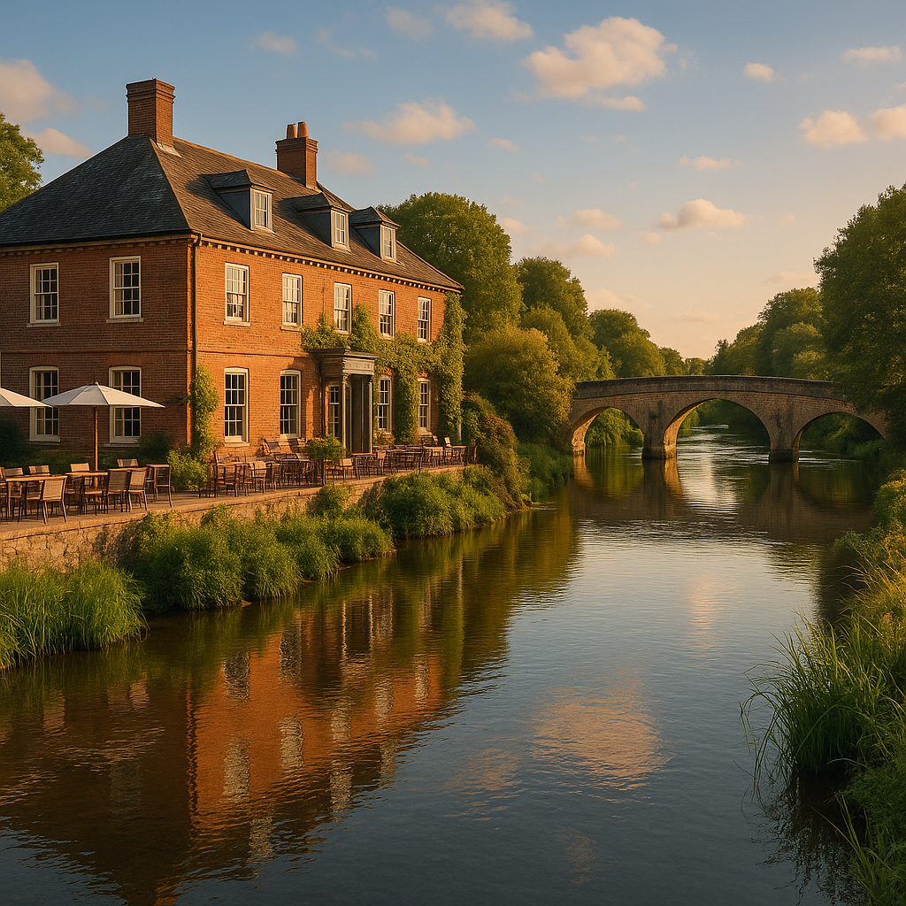 Sunset over a historic brick house and stone bridge beside a calm scenic river.