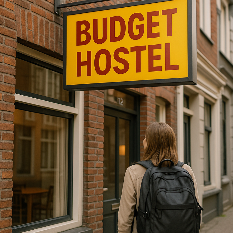 Person with backpack standing outside budget hostel entrance on a city street, illustrating affordable tourist accommodation.