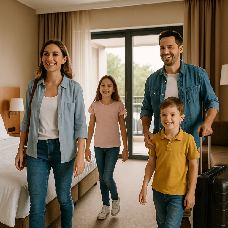 Happy family of four with luggage entering a hotel room, symbolizing choosing family accommodation with spacious rooms.