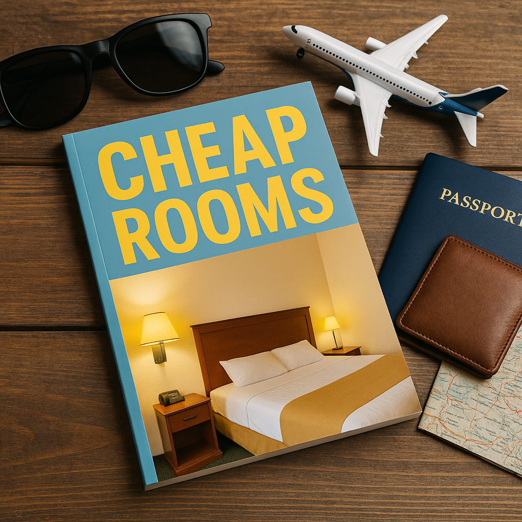 Travel essentials including a "Cheap Rooms" brochure, sunglasses, toy airplane, passport, wallet, and map on wood.