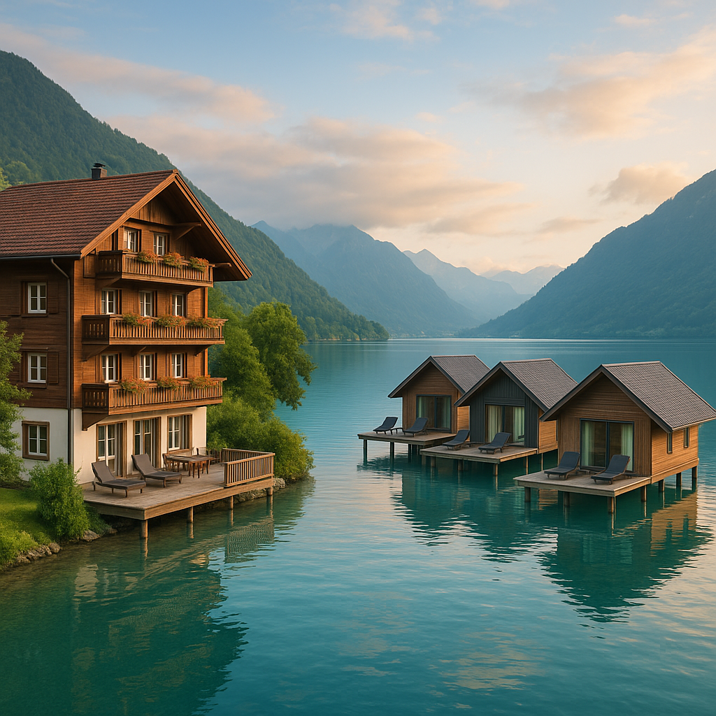 Scenic lakeside wooden cabins and overwater bungalows by mountains at sunset, illustrating water landscapes influencing trave