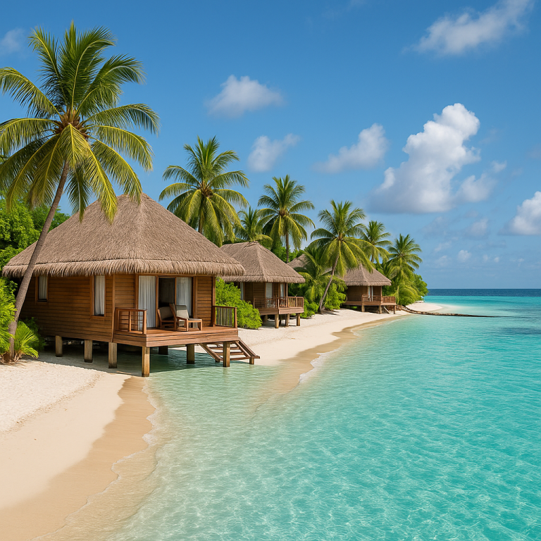 Tropical island resort with overwater bungalows, palm trees, and clear turquoise ocean, ideal for island accommodation tips.