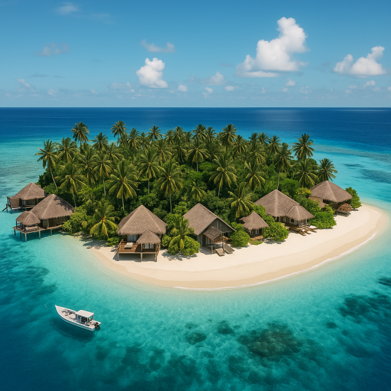Tropical island resort with overwater bungalows and clear turquoise waters, illustrating the ideal island choice for travel.