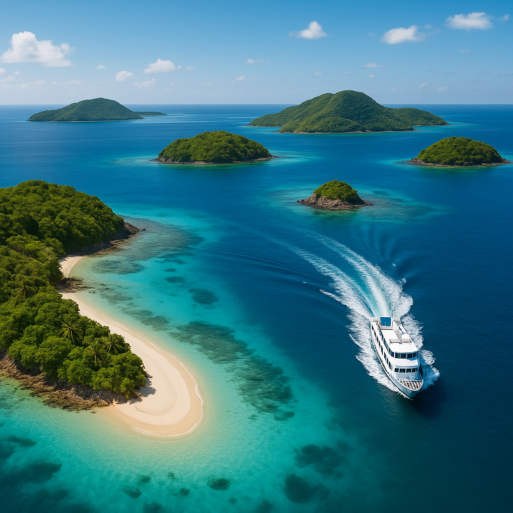 Aerial view of a luxury yacht cruising turquoise waters around lush tropical islands with sandy beaches.