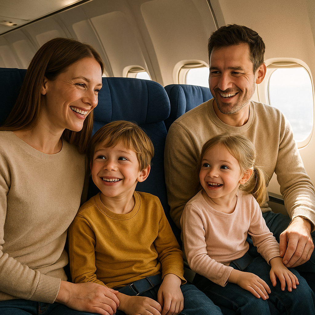 Happy family of four smiling and relaxing together during a comfortable long haul flight.