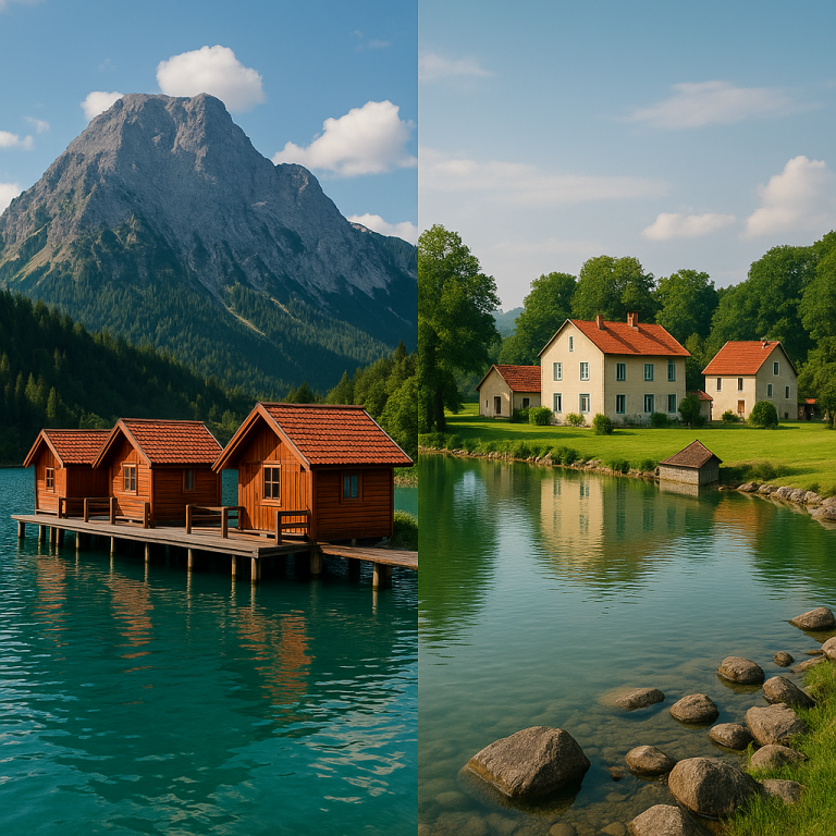 Scenic lakeside wooden cabins near mountain peaks and charming countryside houses by lowland lakes surrounded by greenery.