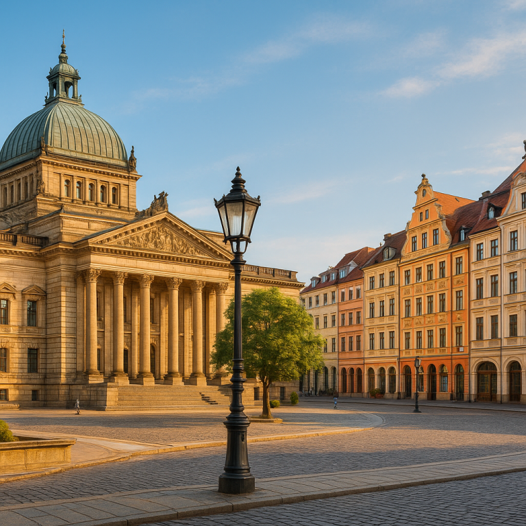 Grand domed historic building and colorful European townhouses, ideal central city stay near museums and cultural attractions