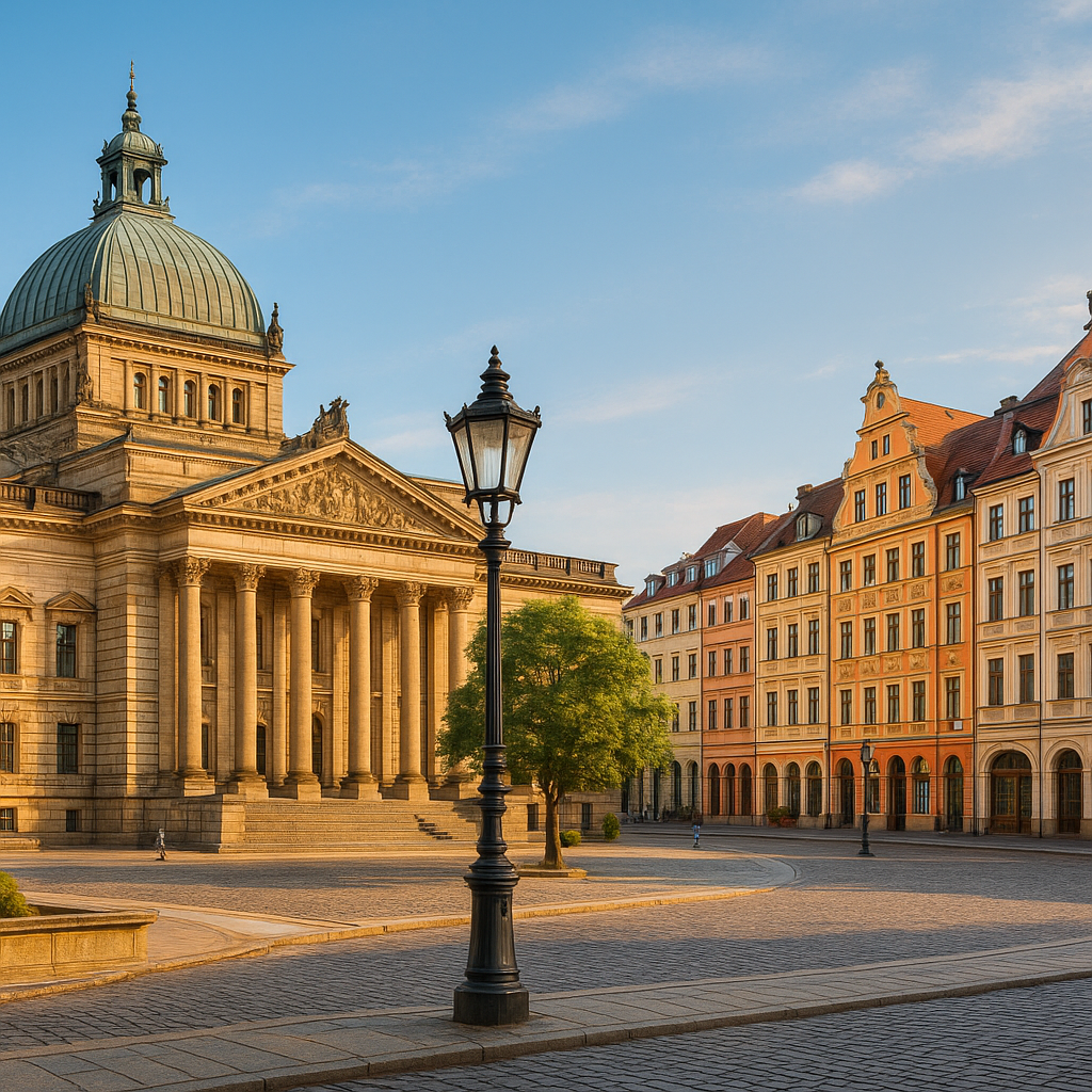 Grand domed historic building and colorful European townhouses, ideal central city stay near museums and cultural attractions
