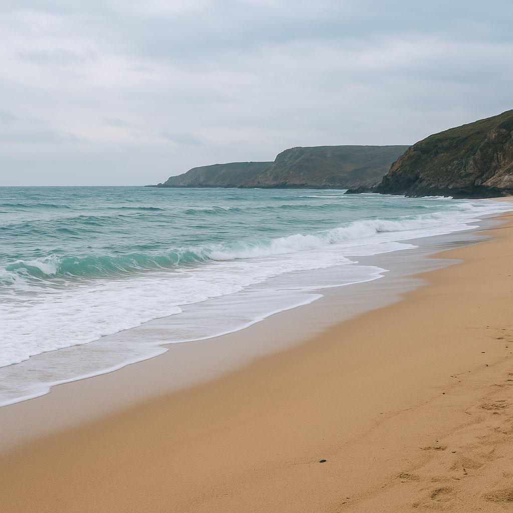 Scenic quiet sandy beach with gentle waves and rocky cliffs under cloudy sky, ideal for off season seaside breaks