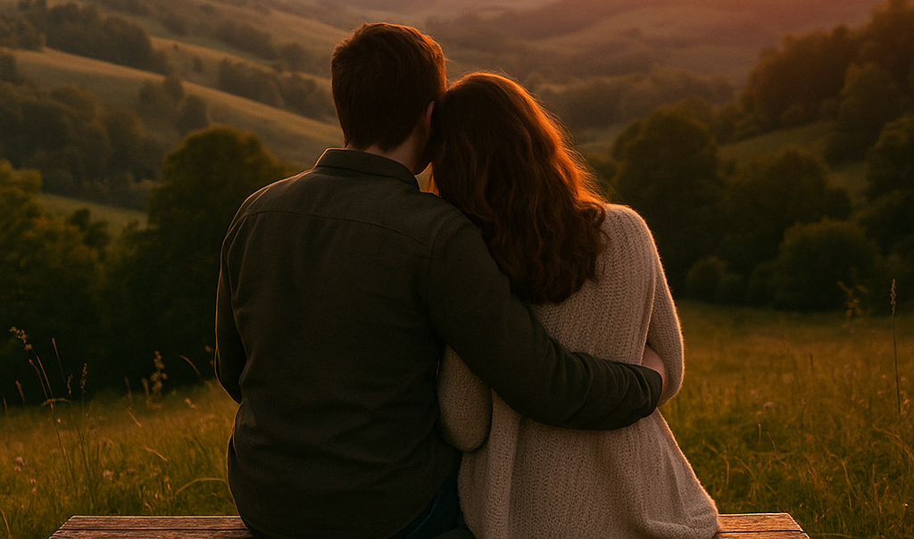 Couple watching sunset from a quiet hilltop, enjoying romance, scenery, and slower travel.