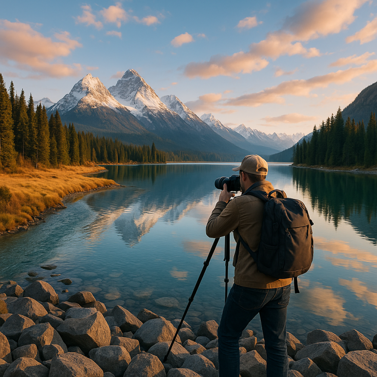 Photographer capturing mountain and lake landscape at golden hour for scenic photography travel.
