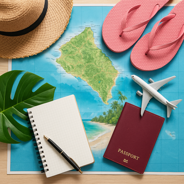 Travel essentials laid out for planning an island holiday: map, passport, notebook, pen, hat, flip-flops, and toy airplane.