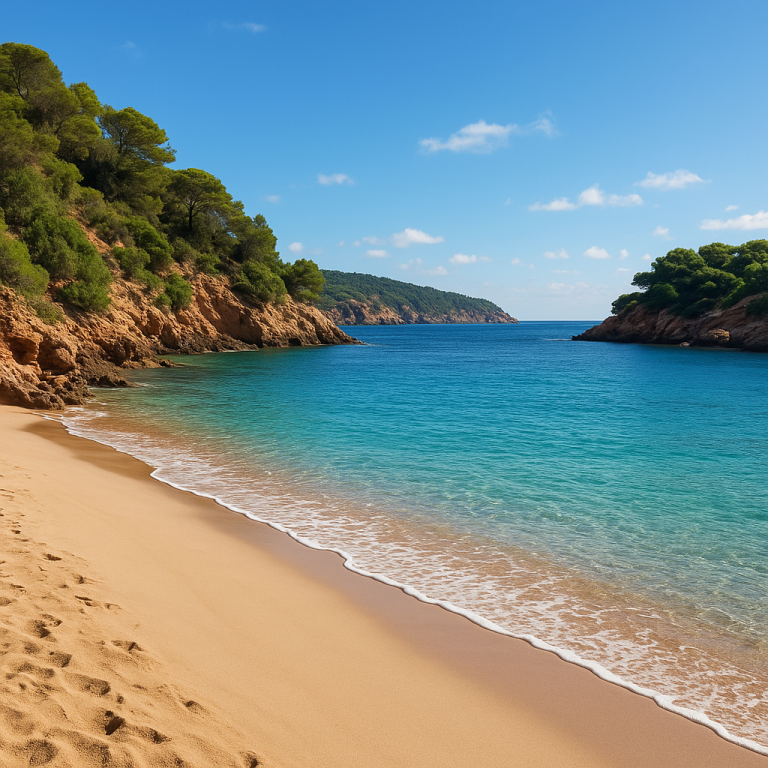 Tranquil sandy beach with turquoise water and lush green cliffs under blue sky, ideal for quiet coastal retreats