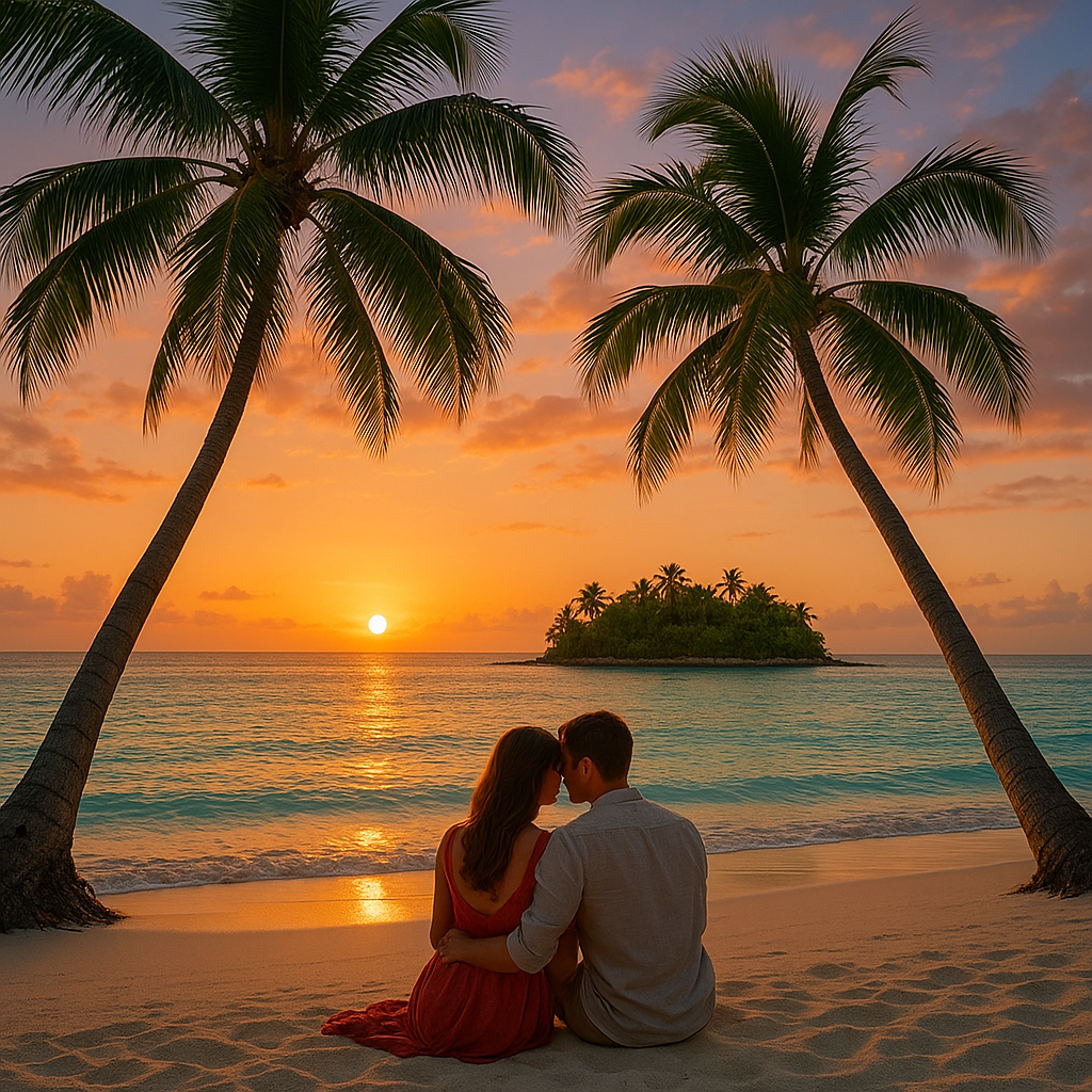 Romantic couple sitting on a tropical beach at sunset with palm trees and a small island in the background.
