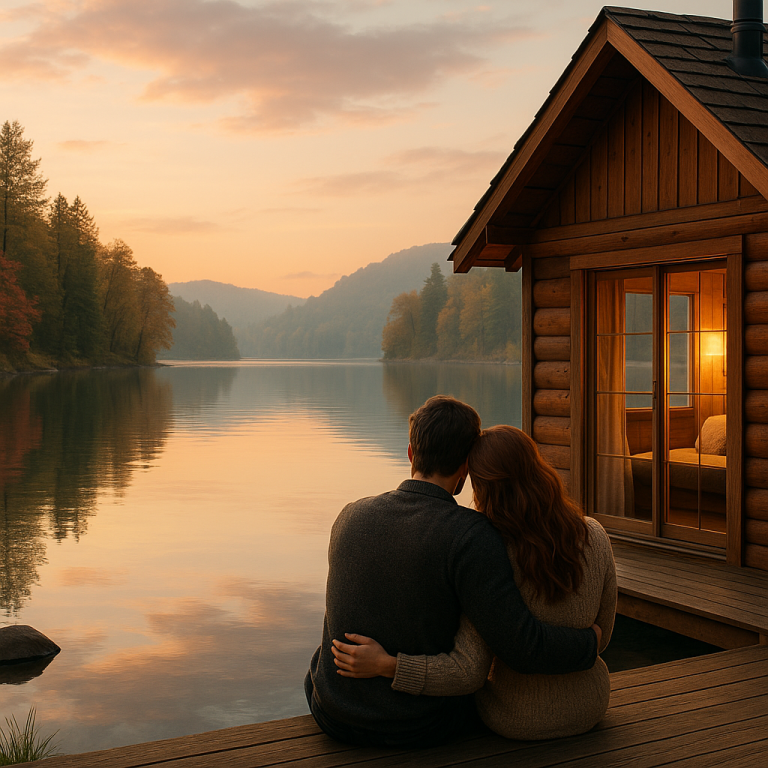 Couple enjoying a romantic sunset by a quiet lakeside cabin surrounded by forested mountains.
