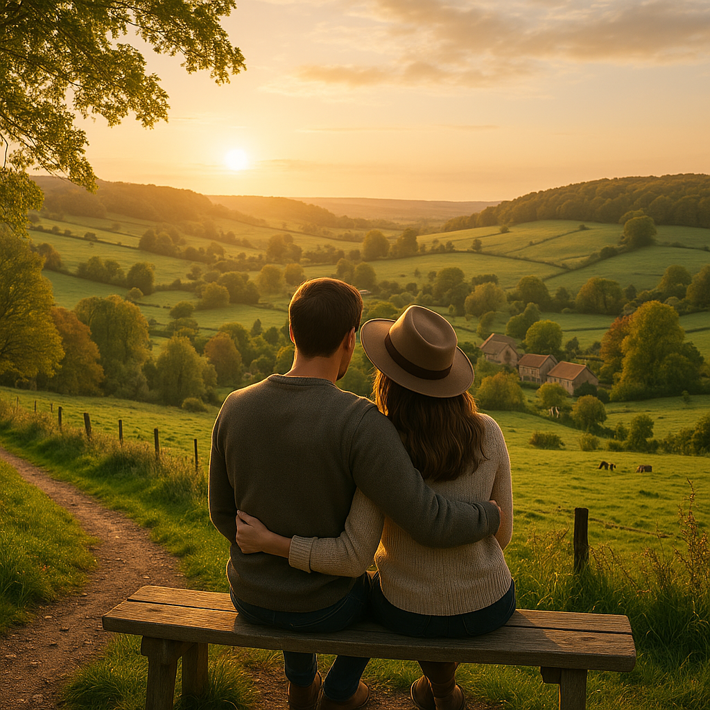 Couple watching a romantic sunset over lush green countryside, enjoying a peaceful rural escape together.