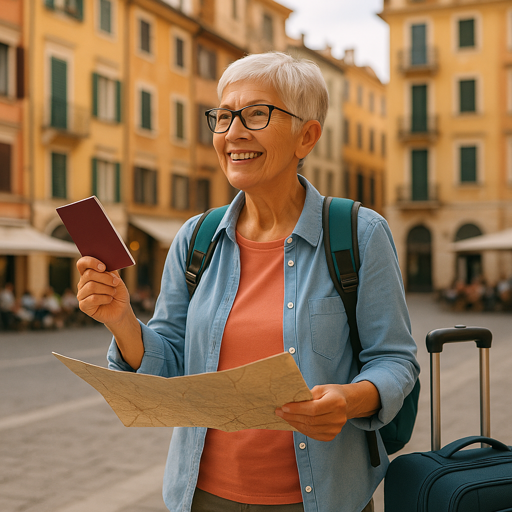 Senior female traveler with map and passport exploring a charming European city, enjoying budget-friendly retirement travel.