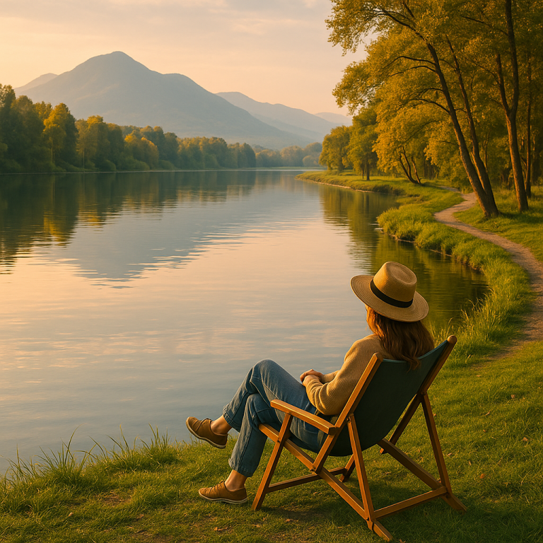 Woman relaxing in chair by calm river with mountains and autumn trees at sunset, embodying slow travel lakes riverside relaxa