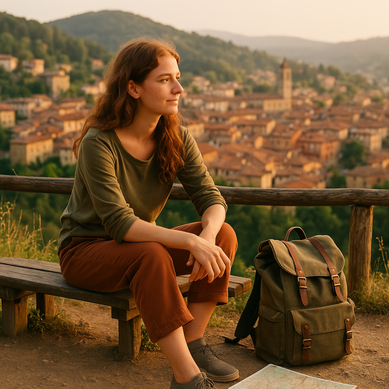 Young woman sitting on a hillside bench enjoying a sunset view of a historic town, illustrating slow travel and budget living