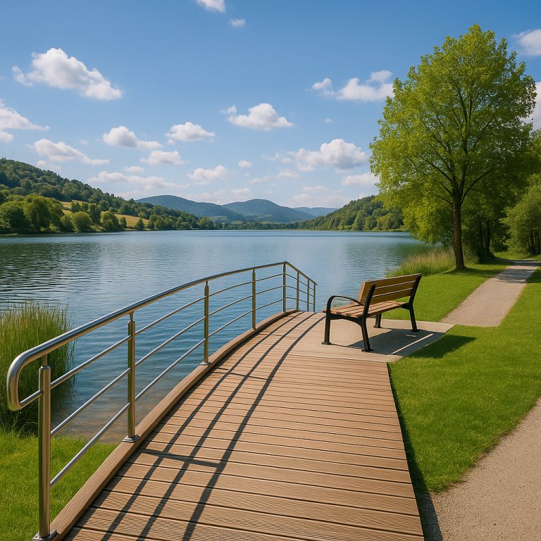 Scenic lakeside boardwalk with bench, lush greenery, and blue sky, ideal for accessible travel and easy stays.